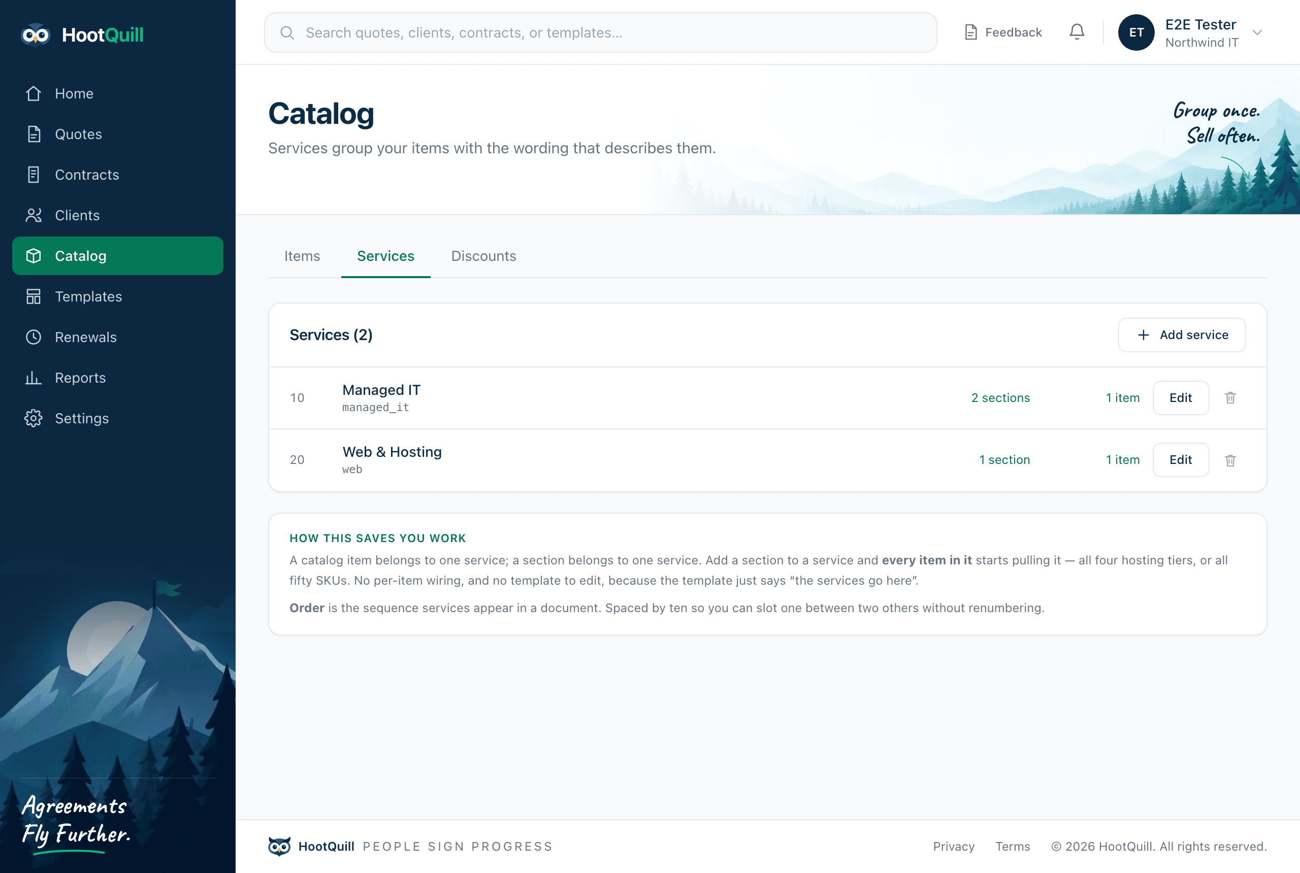 The Services tab of the catalog, listing two services with their section and item counts