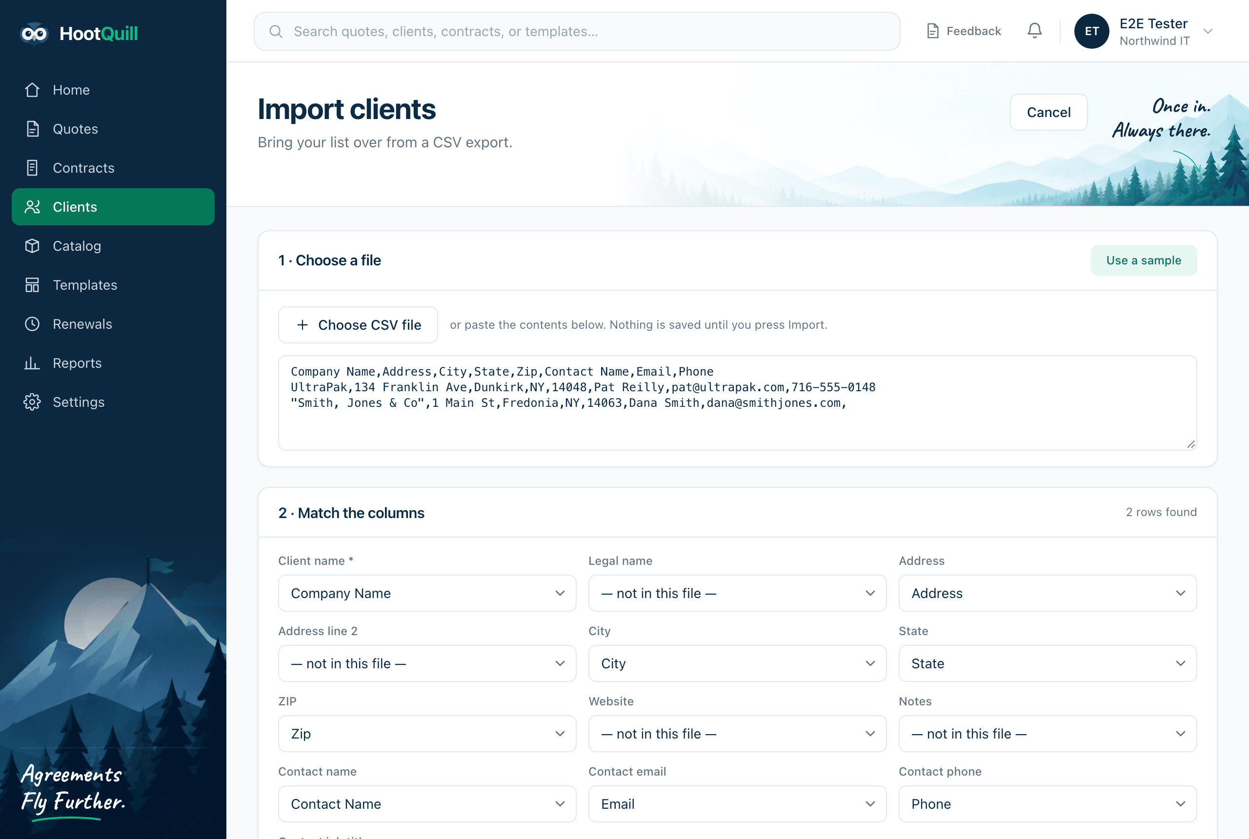 The client importer with sample data loaded and each column matched to a field