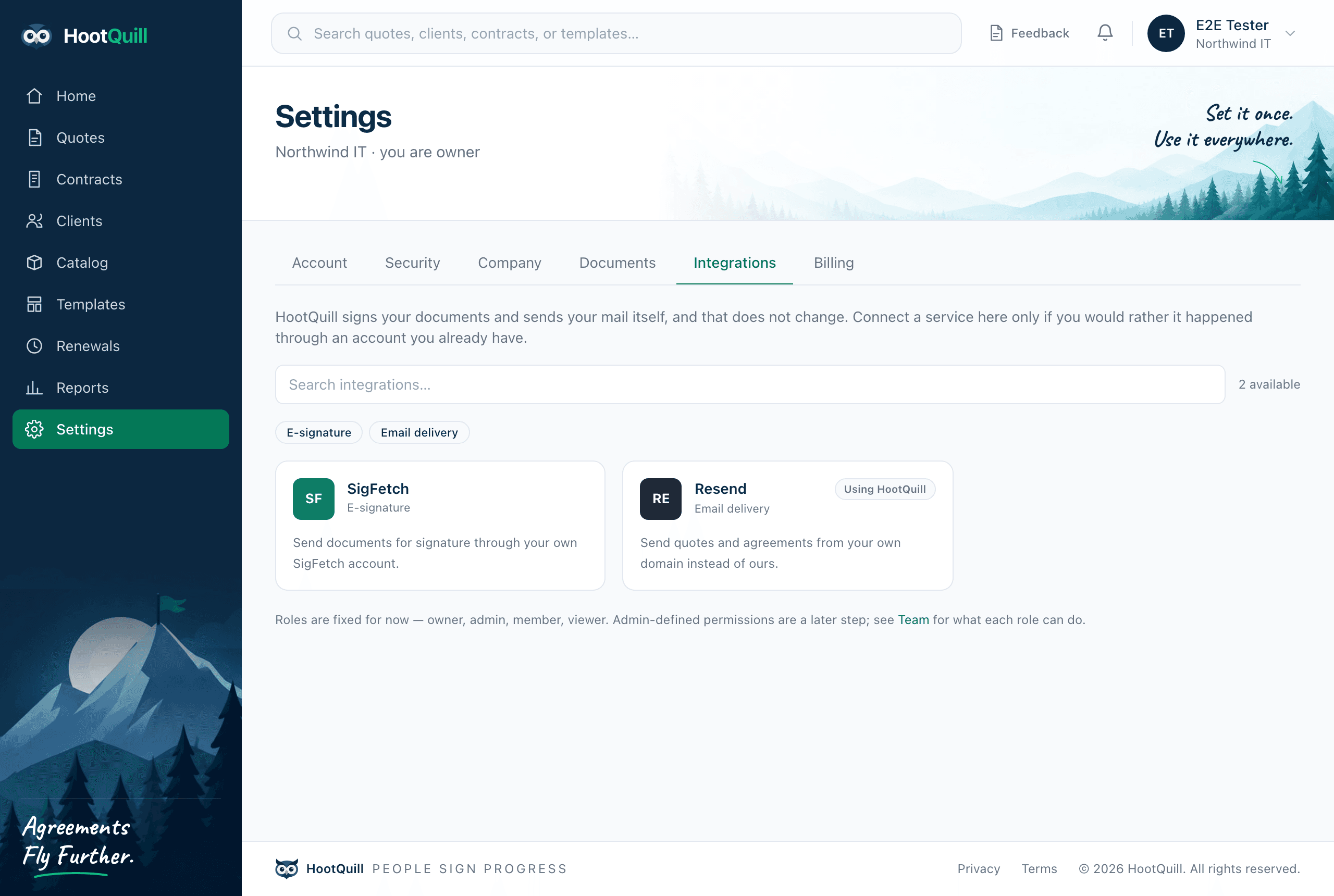 The Integrations settings screen, a searchable catalogue of tiles
