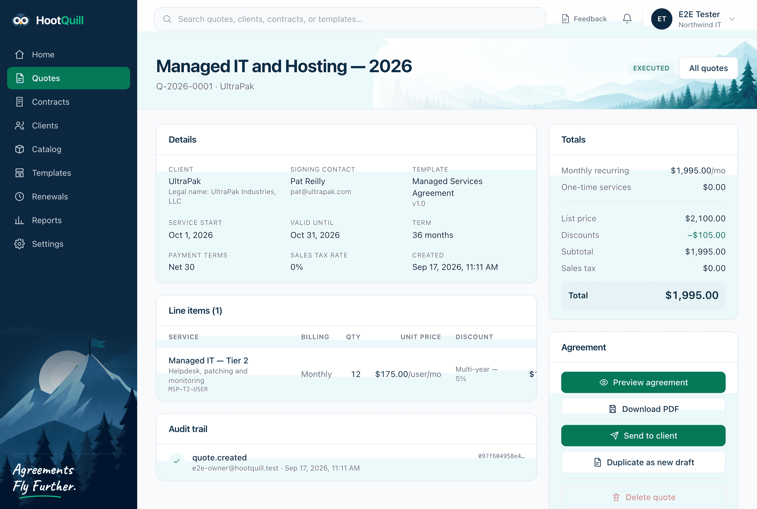A quote summary page, with totals and the Send to client button