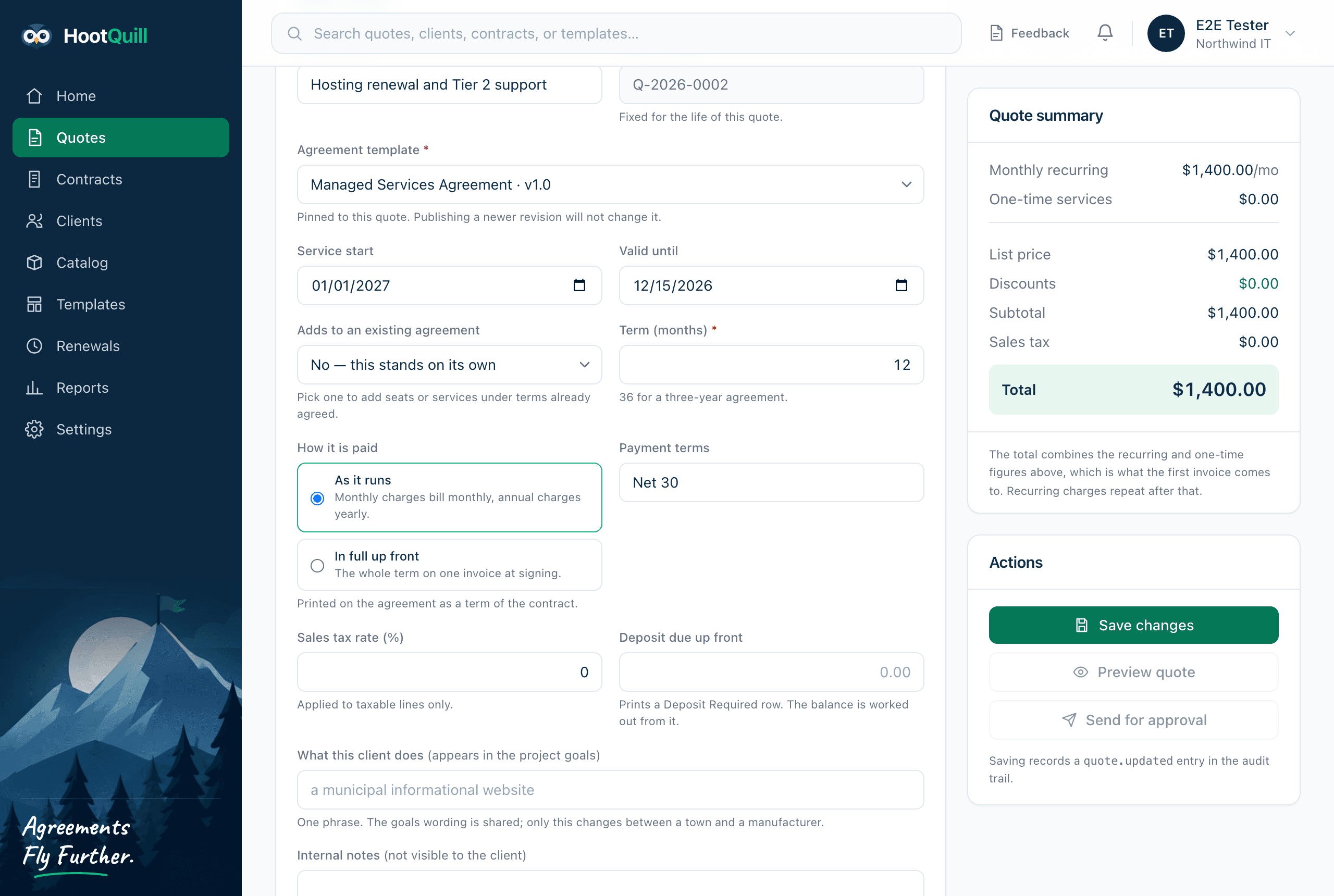 The quote builder, showing the Term field and the two payment-plan options