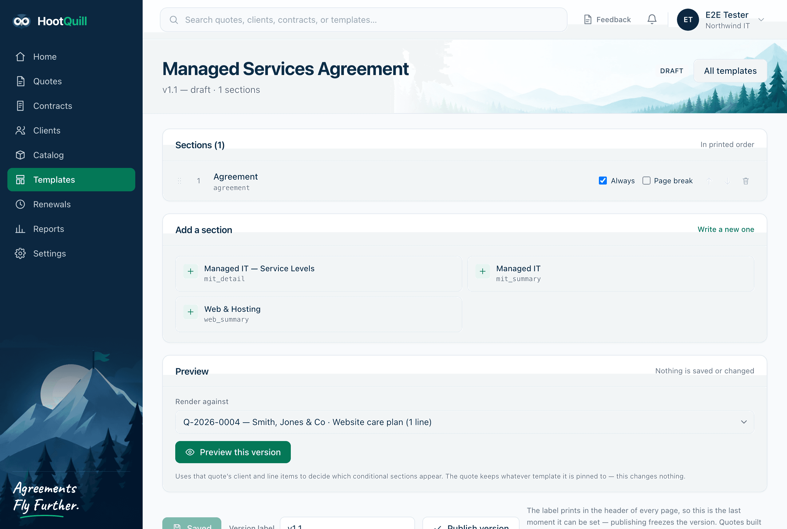 A draft template version, listing its sections with the clause library below